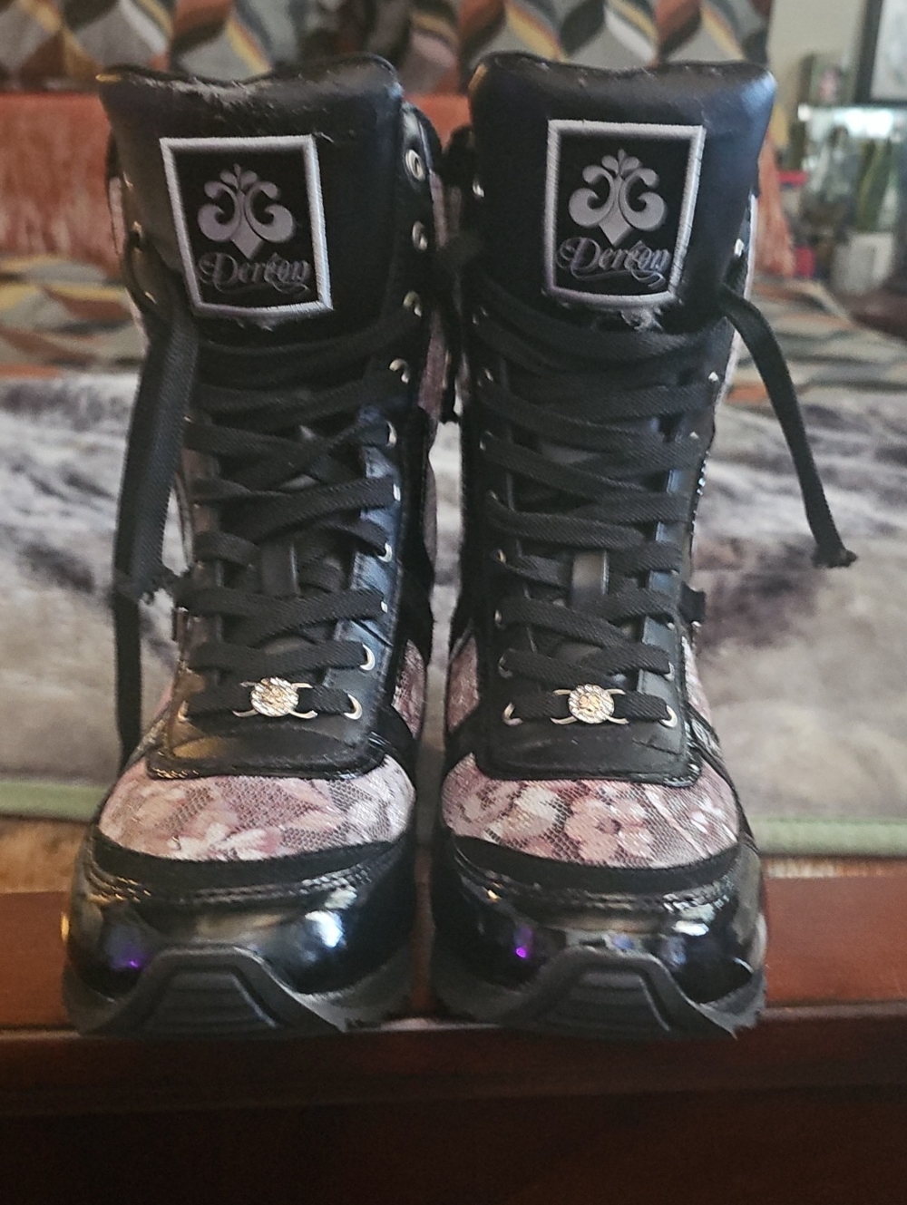 Derion Black and Pink Floral Lace-Up Women's Boots